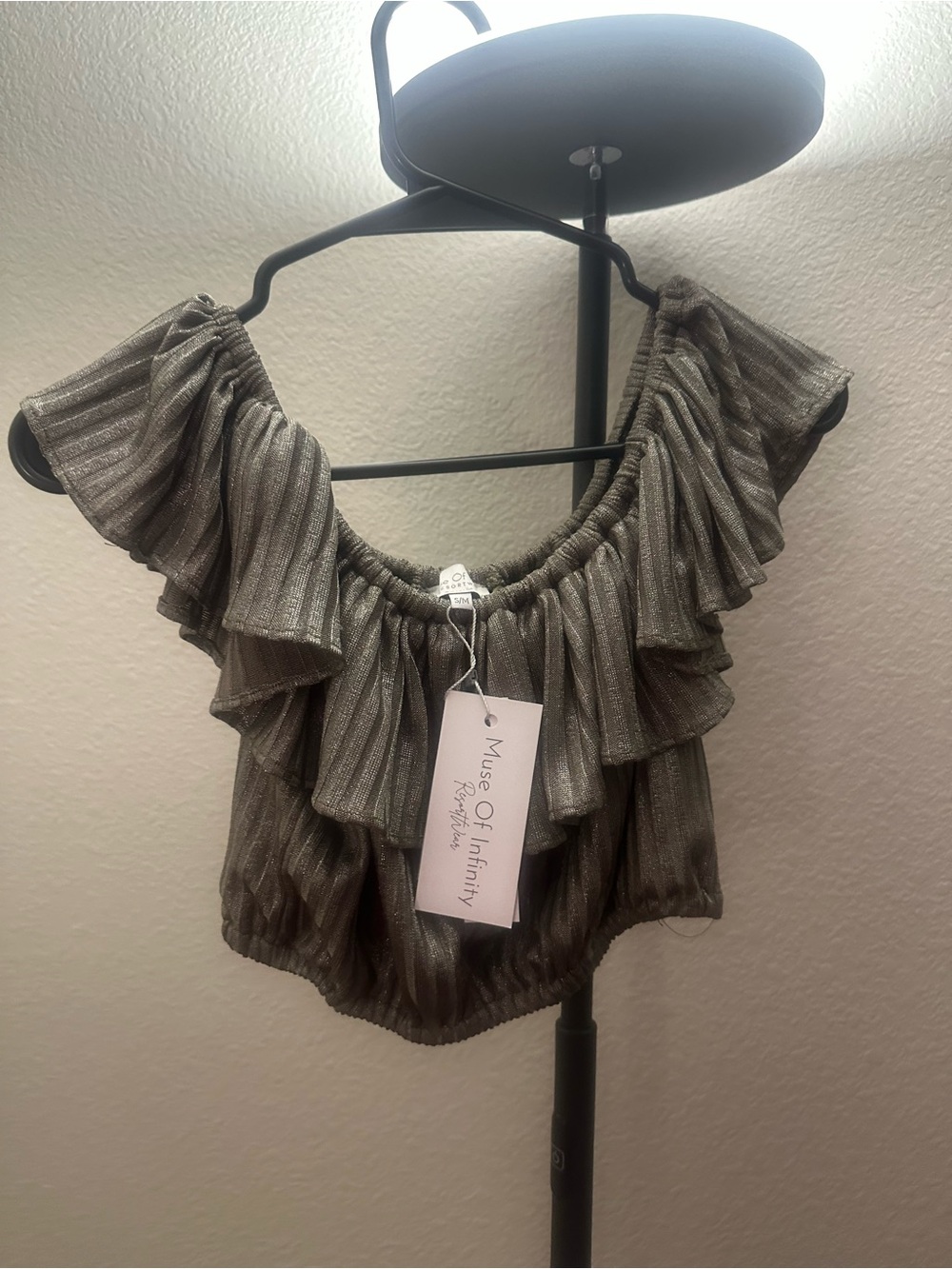 Muse of Infinity Metallic Olive Ruffle Crop Top